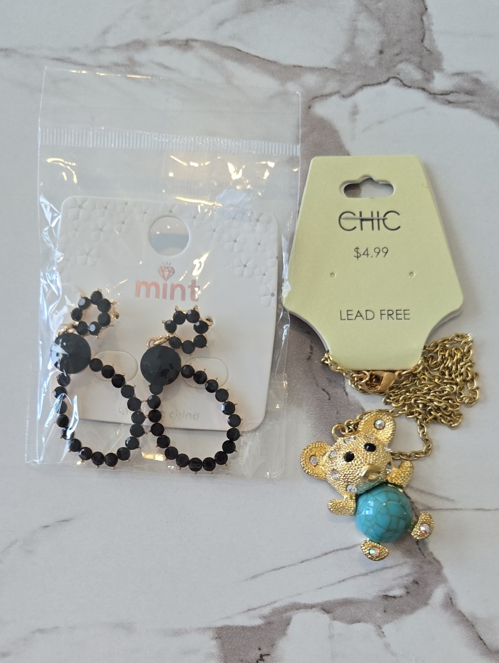 Mint Black Beaded Hoop Earrings & CHIC Gold-tone Bear Necklace Set